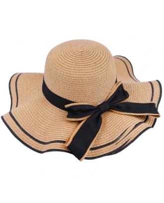 SALYBABY Spring Elegant Wavy Brim with Bow-Knot Beach Straw Hat